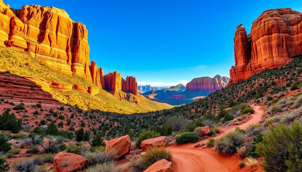 A breathtaking landscape of Sedona's red rock country, showcasing towering red sandstone formations under a clear blue sky, surrounded by vibrant desert vegetation and winding dirt trails, capturing the essence of adventure and natural beauty.