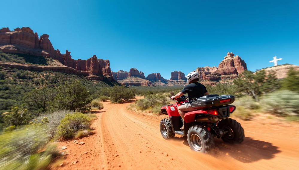 A thrilling ATV riding through the vibrant red rock formations of Sedona Canyon, surrounded by lush greenery and dramatic cliffs under a bright blue sky, capturing the essence of adventure in Arizona's breathtaking landscape.