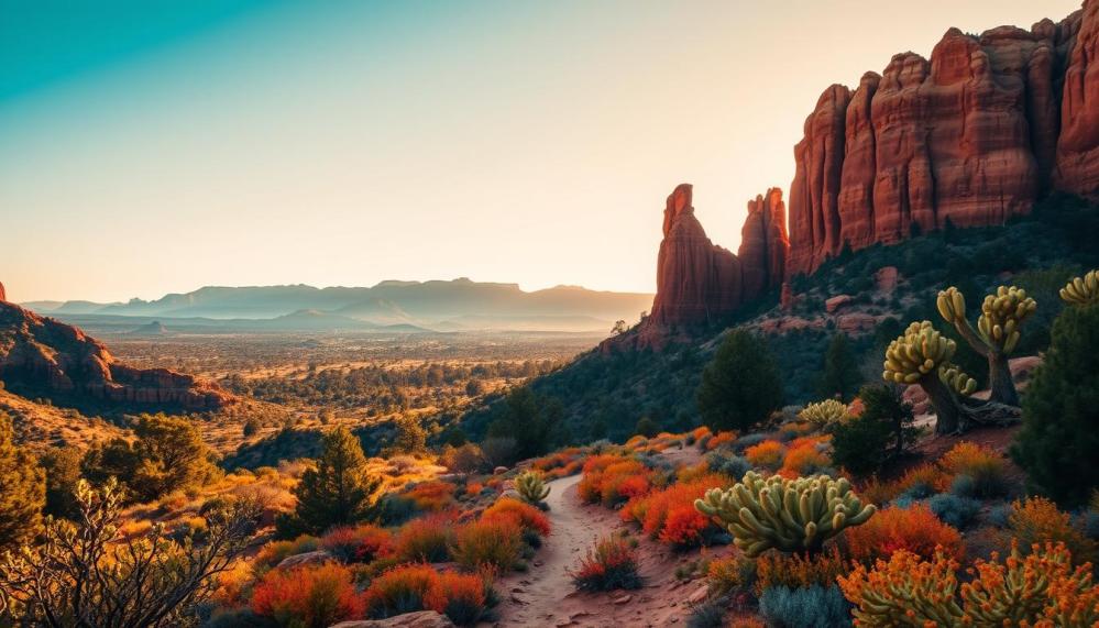 Sedona's hidden desert gems, a captivating landscape bathed in warm, golden light. In the foreground, towering red rock formations rise majestically, their jagged edges casting dramatic shadows. In the middle ground, a winding desert trail leads the eye through a sea of vibrant, drought-resistant vegetation, from prickly pear cacti to ancient juniper trees. The background is framed by distant, hazy mountains, their peaks kissed by the soft, diffused light of the setting sun. The scene exudes a sense of tranquility and wonder, inviting the viewer to explore the hidden gems of this enchanting Southwestern desert.