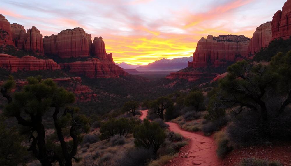 A sweeping vista of Sedona's iconic red rock formations, bathed in the warm glow of the setting sun. In the foreground, towering sandstone cliffs rise majestically, their stratified layers cast in hues of crimson and ochre. Meandering through the middle ground, a winding trail leads the eye deeper into the wilderness, framed by the twisted silhouettes of ancient juniper trees. In the distance, the rugged peaks of the Coconino National Forest stretch out, their jagged outlines silhouetted against a sky ablaze with vibrant oranges and pinks. The scene conveys a sense of timeless tranquility, a captivating natural oasis that beckons the viewer to explore its breathtaking beauty.