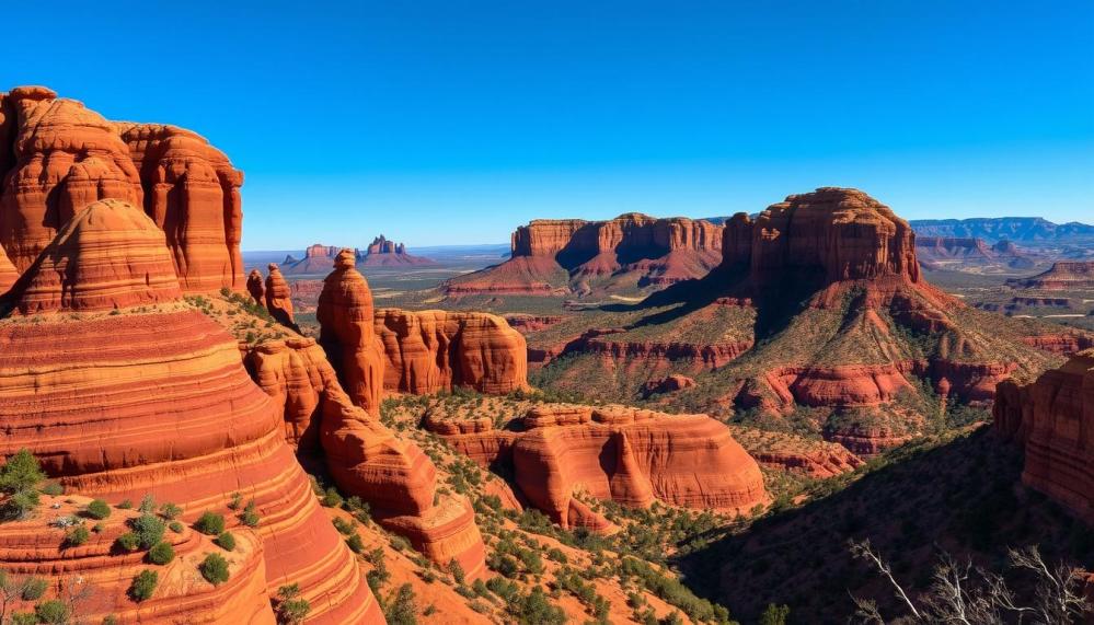 Sedona's majestic red rock formations stand tall, sculpted by the elements over millennia. In the foreground, dramatic sandstone buttes rise from the desert floor, their striated cliffs aglow in the warm desert light. Swirling patterns of crimson, ochre, and golden hues cover the weathered surfaces, creating a captivating interplay of color and texture. In the middle ground, rugged mesas and plateaus stretch out, their jagged peaks reaching towards a brilliant azure sky. Distant canyons and ravines cut deep into the landscape, casting dramatic shadows that accentuate the towering monoliths. An atmosphere of timeless grandeur and natural wonder permeates the scene, a true masterpiece of nature's artistry.