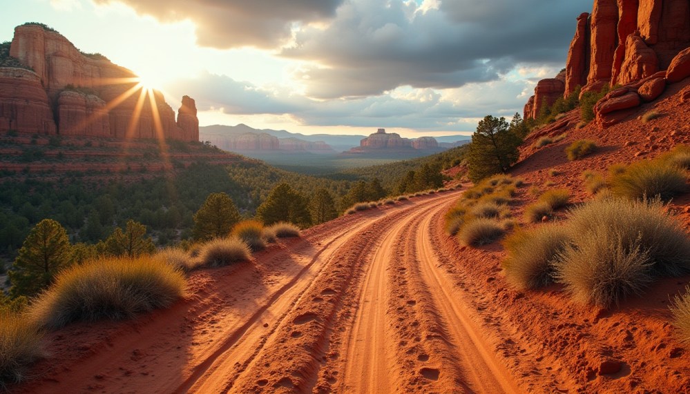 Warm, golden lighting filters through the lush desert foliage, casting a tranquil glow over the scene. Wispy clouds drift overhead, hinting at the vast, open skies characteristic of the American Southwest. This hidden desert retreat promises a restorative escape, inviting visitors to immerse themselves in the raw, untamed beauty of Sedona's stunning natural landscapes.